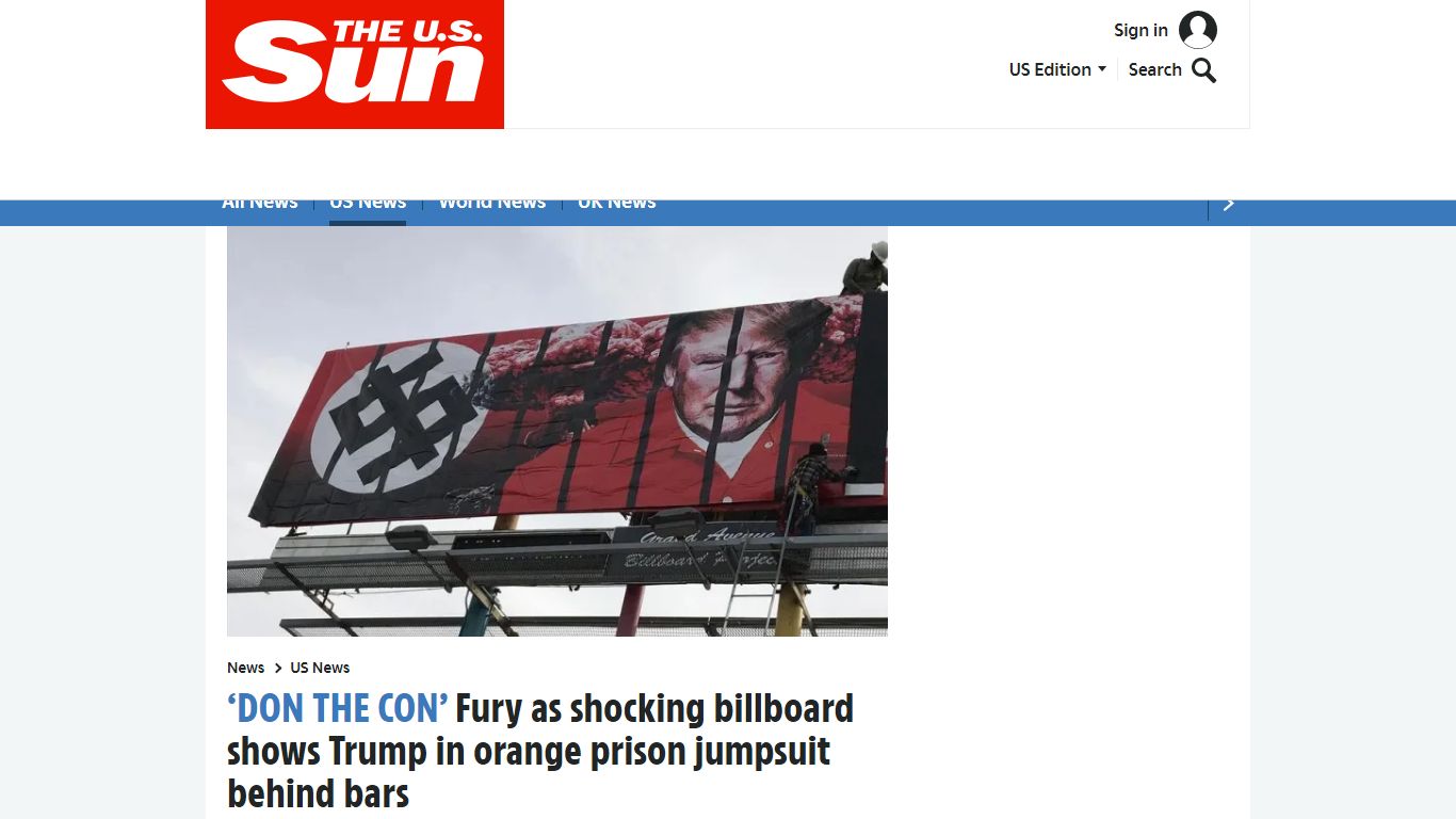 Fury as shocking billboard shows Trump in orange prison jumpsuit behind ...